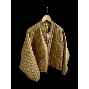 Free People Lightweight Puffer Jacket Womens Sz Medium Sporty Khaki Olive Crop